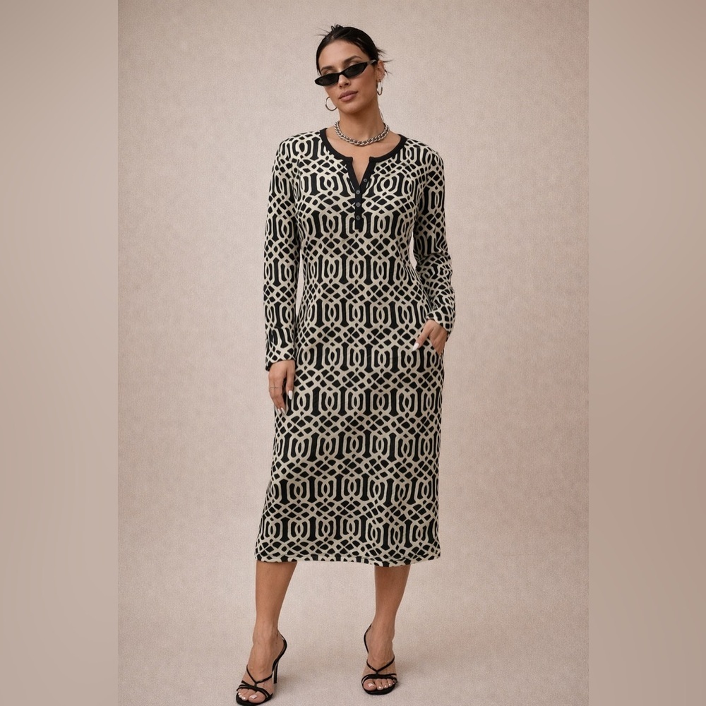 J. McLaughlin Elegant Black and Cream Patterned Dress
